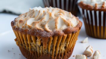 Keto Coffee Cake Muffin with a little bit of white topping with scattered cinammon